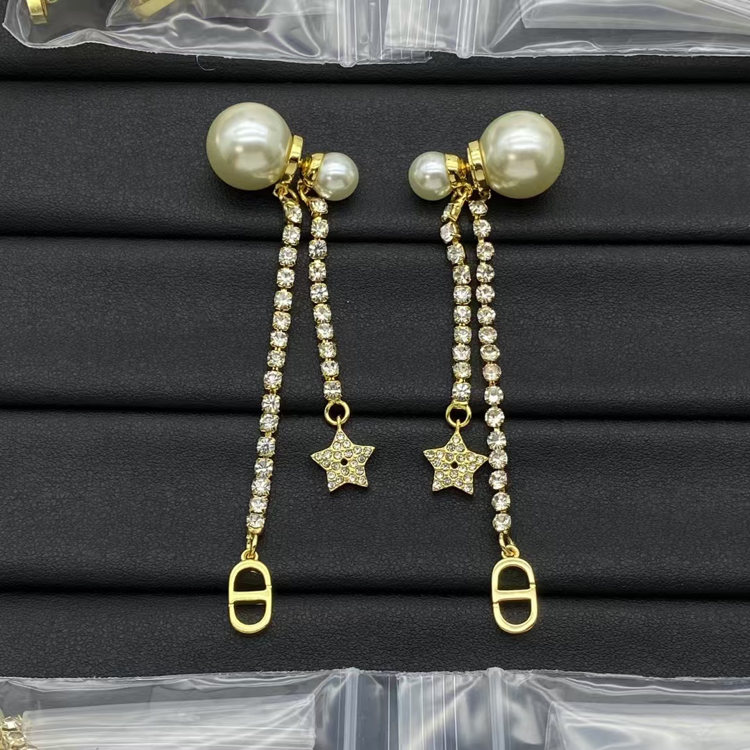 Dior Rhinestone Tassel Pearl Earrings - Best Replica Jewelry™