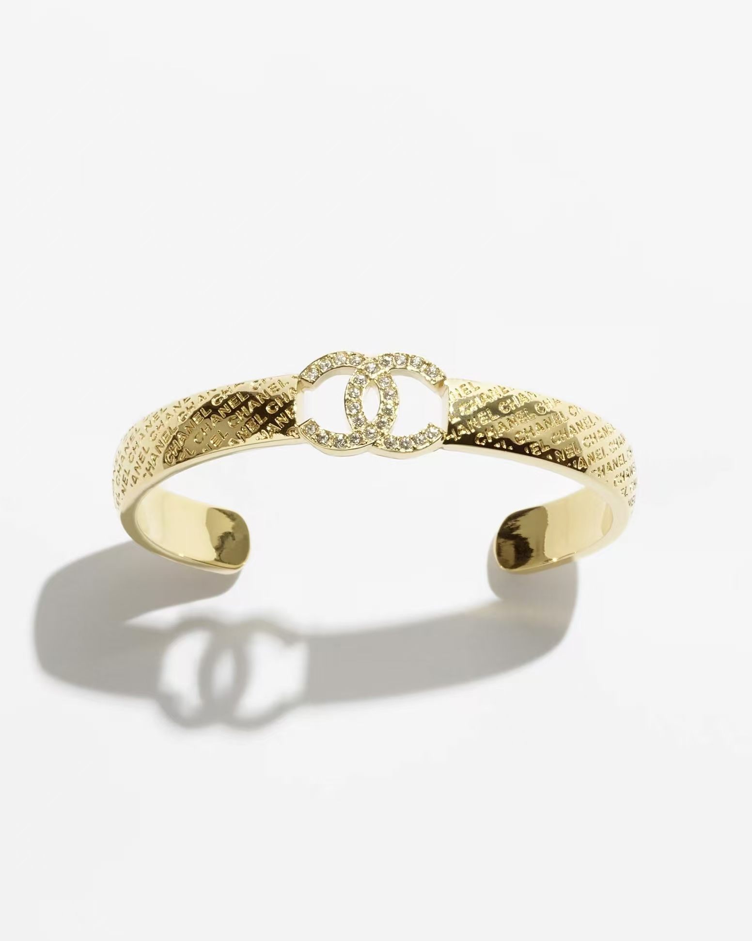 Chanel Hollow Diamond Paved Double C Open Bangle Bracelet - Best Replica Jewelry™