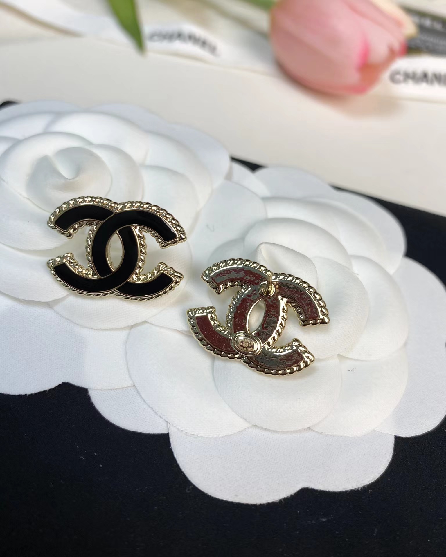 Chanel Gold Edge Black Double C Earring - Best Replica Jewelry™