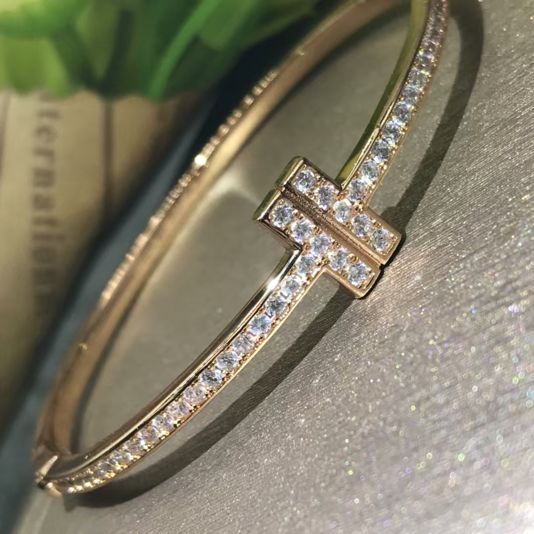 Tiffany Full Diamond Paved Double T Bangle Bracelet - Best Replica Jewelry™