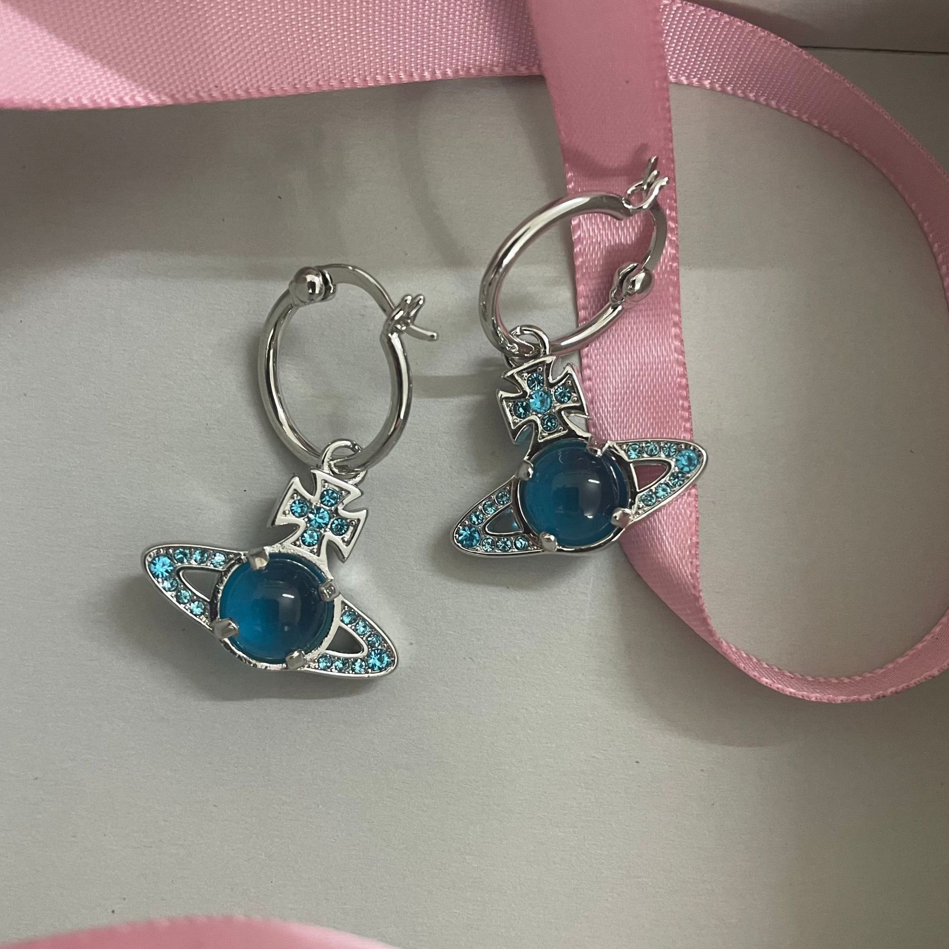 Vivienne Westwood Blue Green Lucky Bead Saturn Earrings - Best Replica Jewelry™