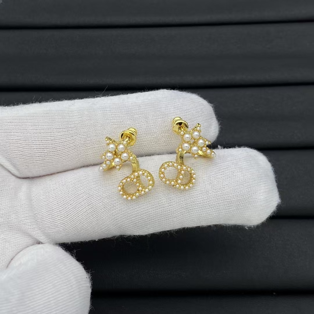 Dior Pearl Paved Star CD Drop Earrings - Best Replica Jewelry™