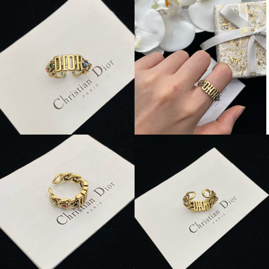 Dior Letters Color Gem Paved Open Ring - Best Replica Jewelry™