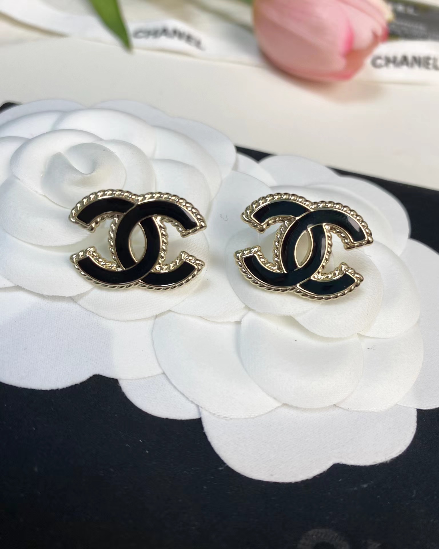 Chanel Gold Edge Black Double C Earring - Best Replica Jewelry™