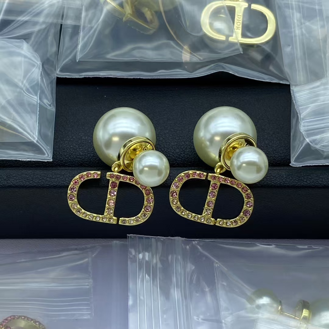 Dior Multi Color Diamond Paved CD Pearl Earrings - Best Replica Jewelry™