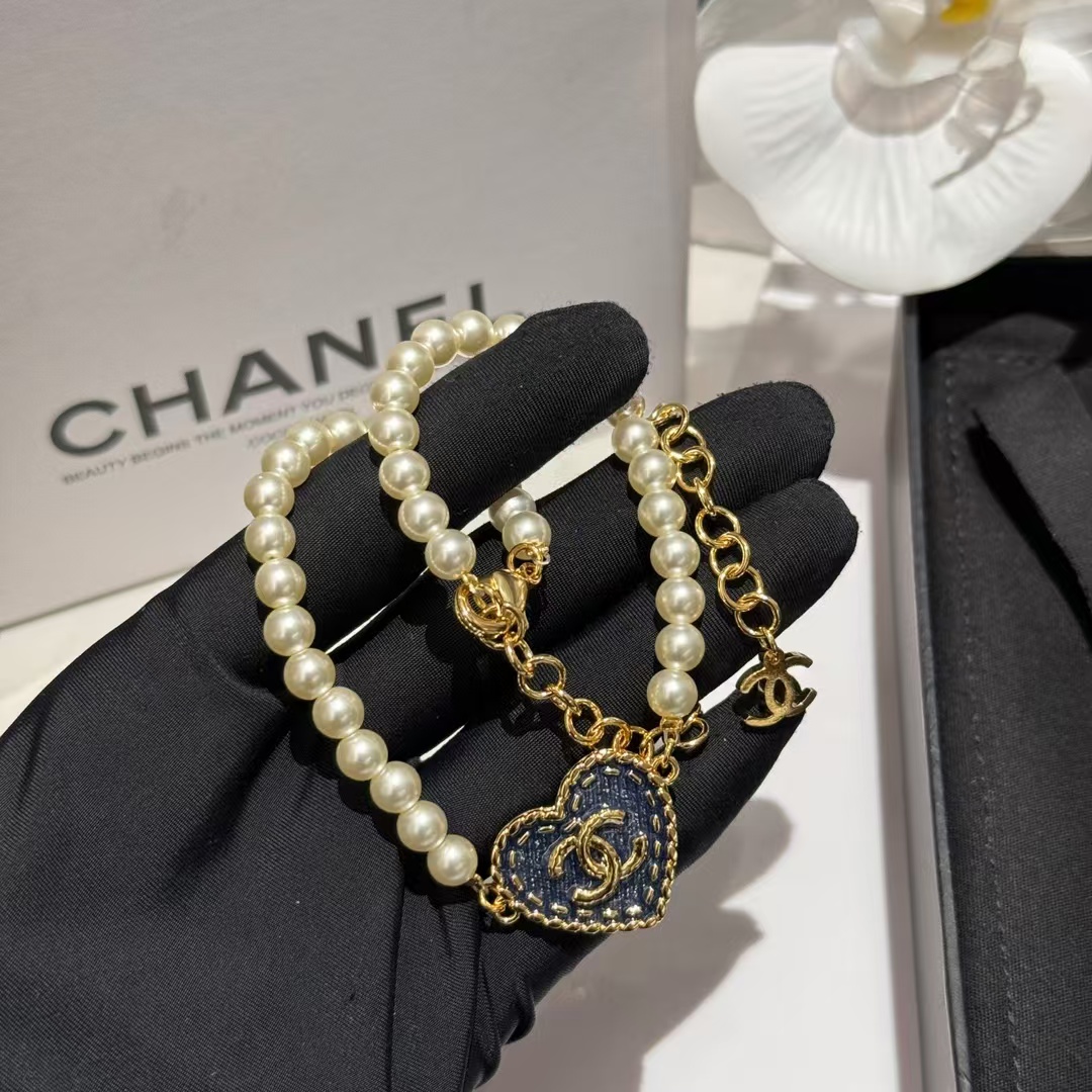 Chanel Denim Heart Pendant Pearl Choker Necklace - Best Replica Jewelry™