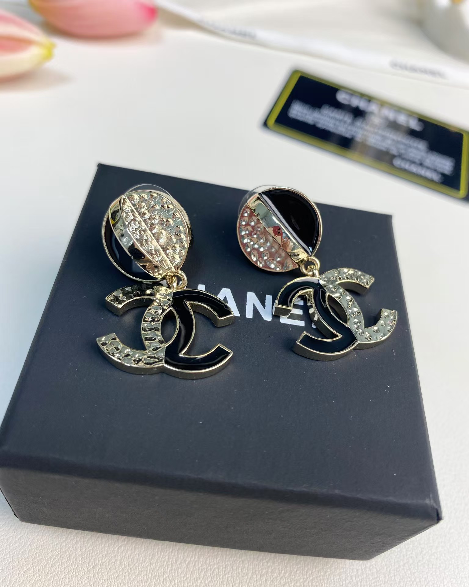 Chanel Half Black Enamel Double C Dangle Earrings - Best Replica Jewelry™