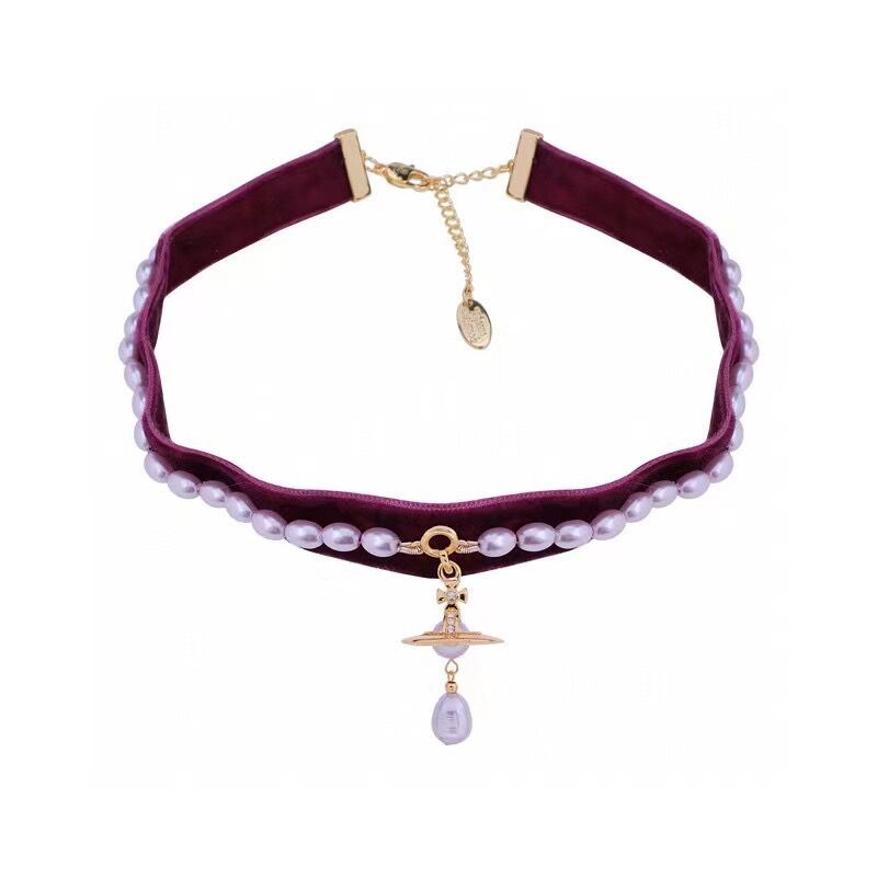 Vivienne Westwood Ribbon Saturn with Teardrop Pearl Pendant Necklace - Best Replica Jewelry™