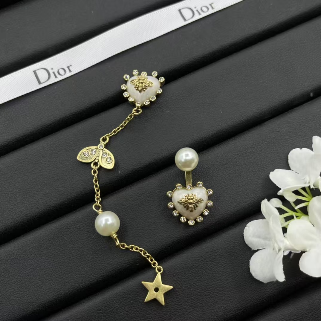 Dior Asymmetric Bee Heart Stud Long Drop Star Earrings - Best Replica Jewelry™