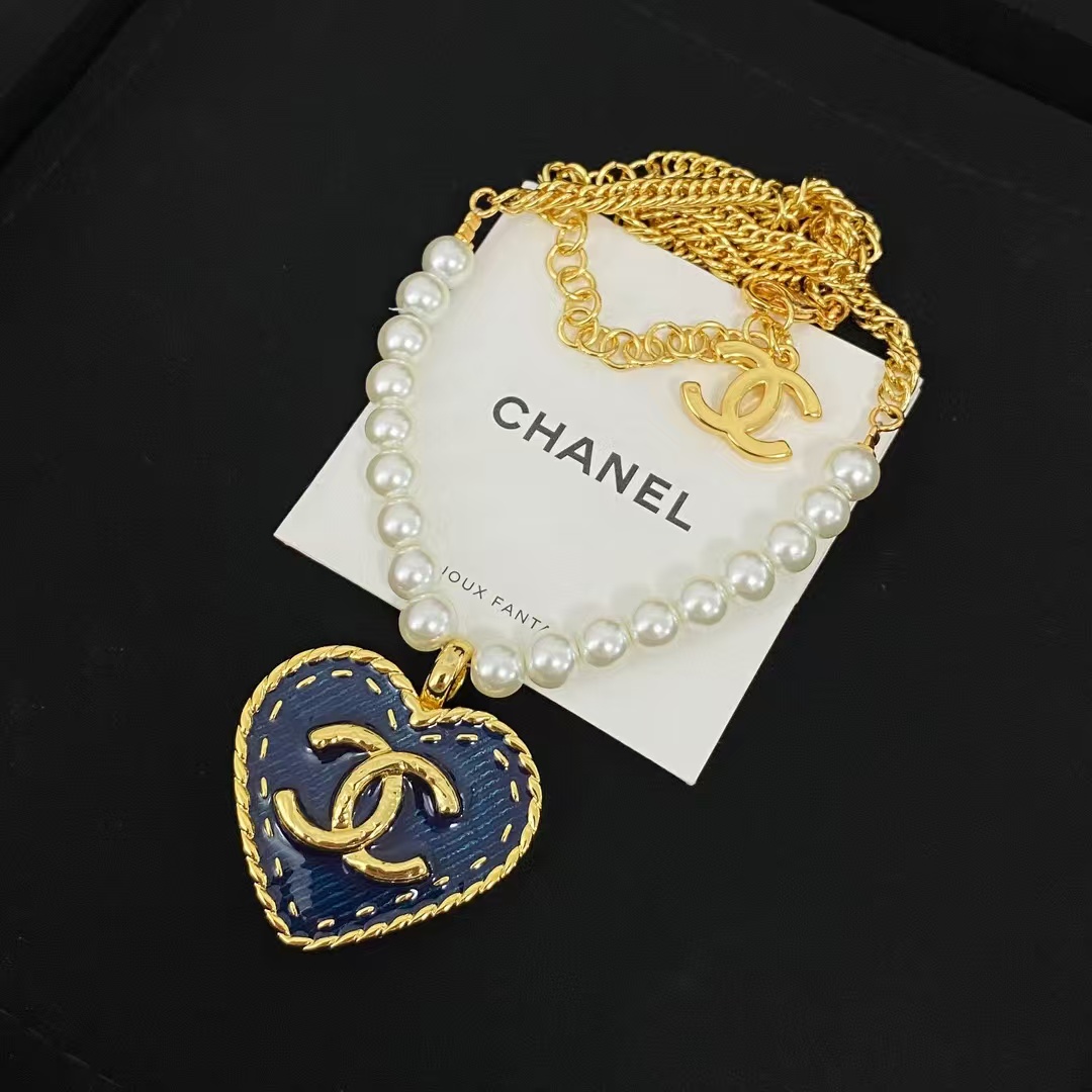 Chanel Denim Heart Double C Pendant Pearl Necklace - Best Replica Jewelry™