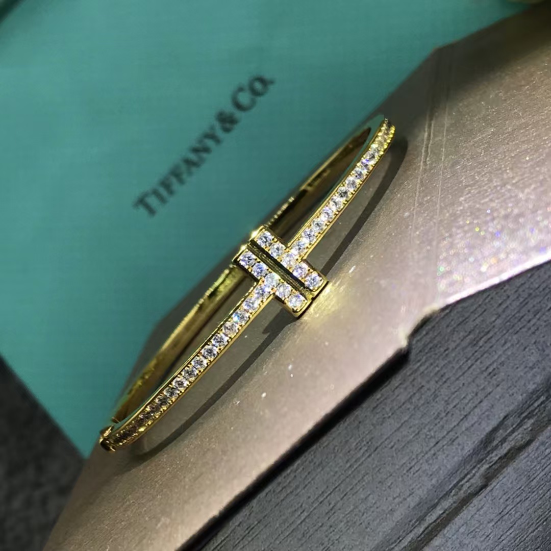 Tiffany Full Diamond Paved Double T Bangle Bracelet - Best Replica Jewelry™