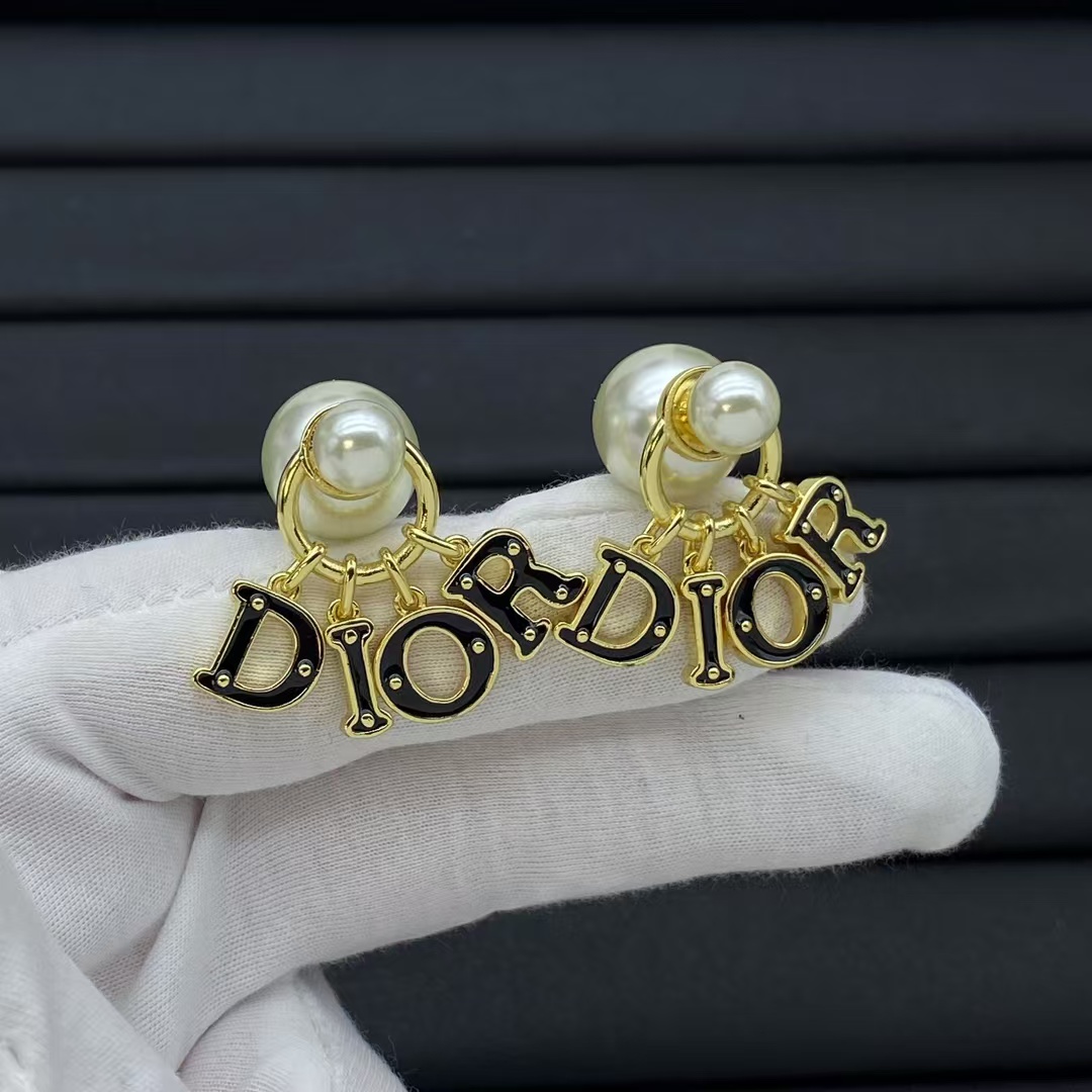 Black Enamel Dior Dangle Pearl Earrings - Best Replica Jewelry™