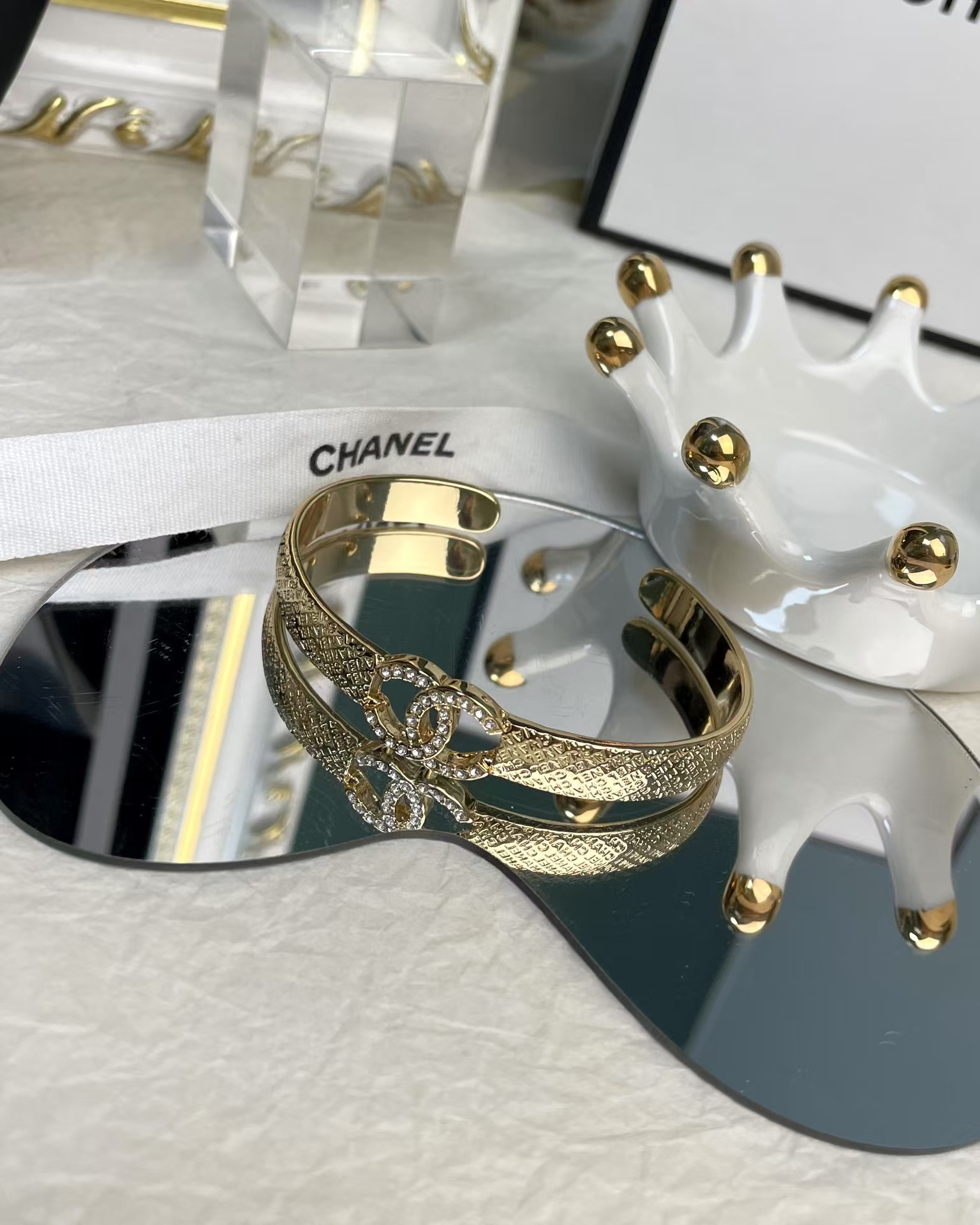 Chanel Hollow Diamond Paved Double C Open Bangle Bracelet - Best Replica Jewelry™