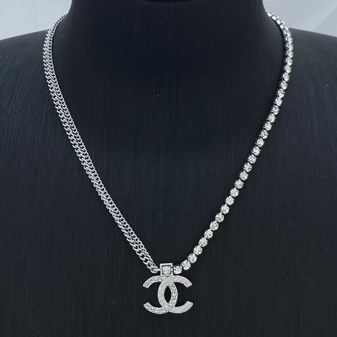 Chanel Half Rhinestone Chain Half Cuban Chain Necklace - Best Replica Jewelry™