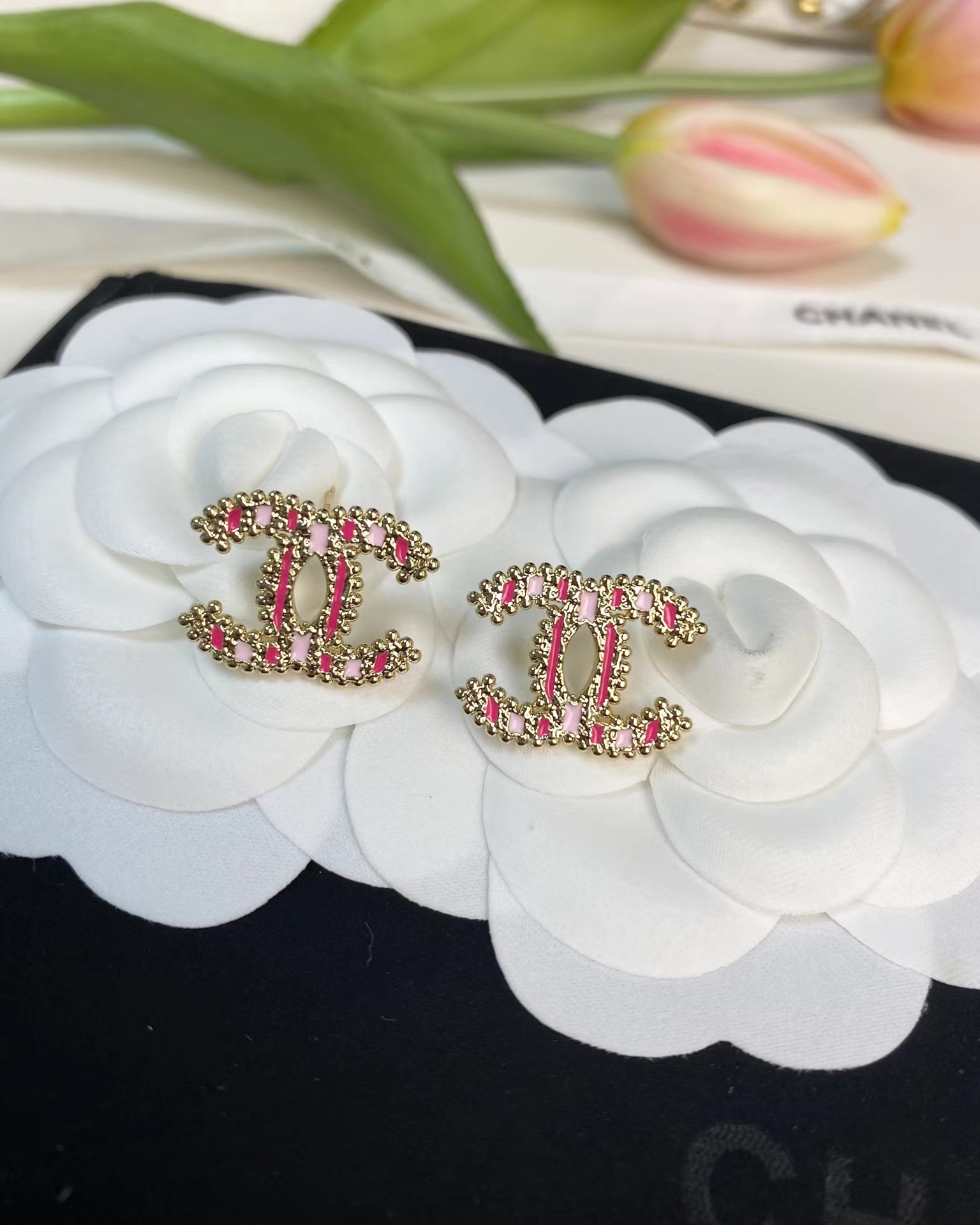 Chanel Enamel Pink Double C Earrings - Best Replica Jewelry™