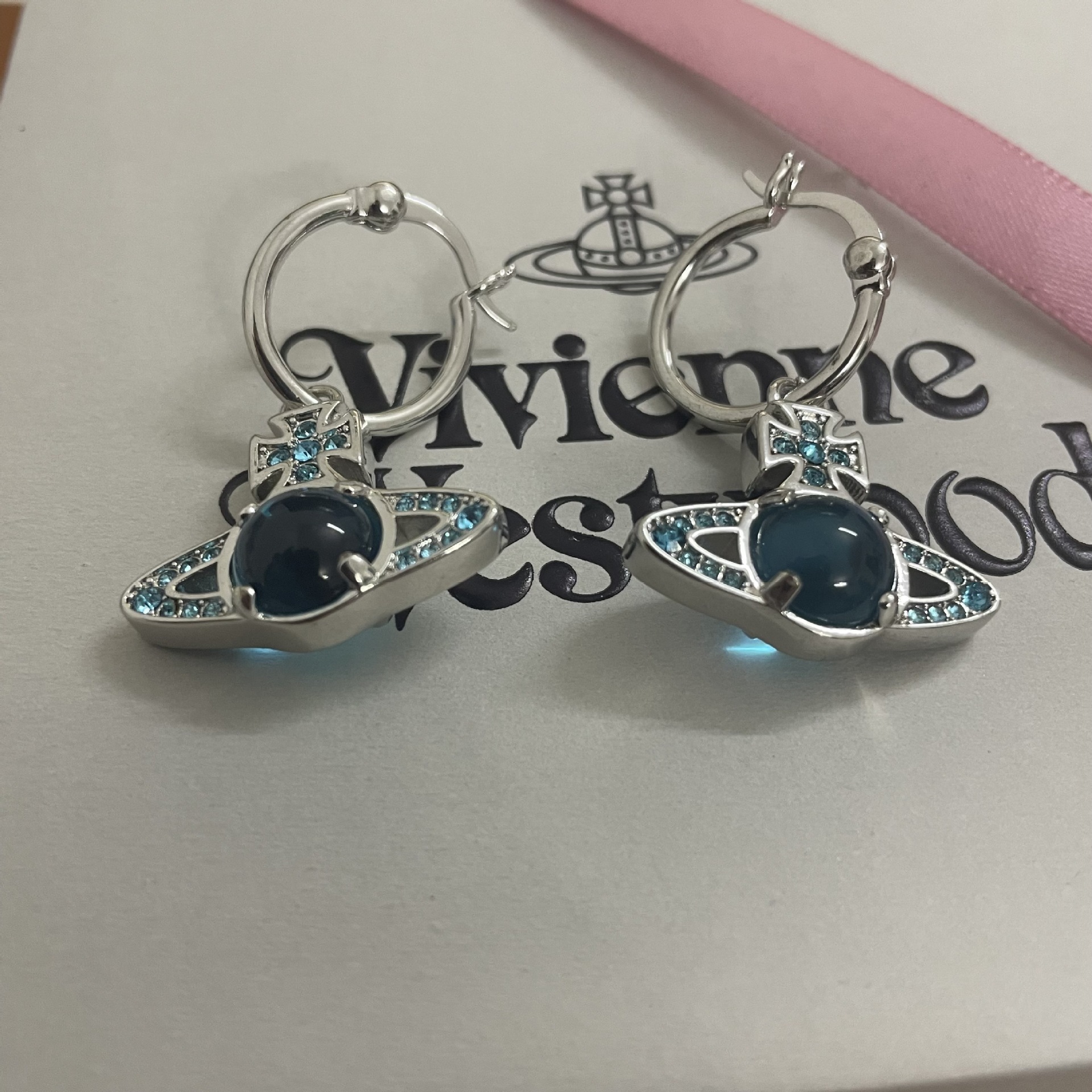 Vivienne Westwood Blue Green Lucky Bead Saturn Earrings - Best Replica Jewelry™