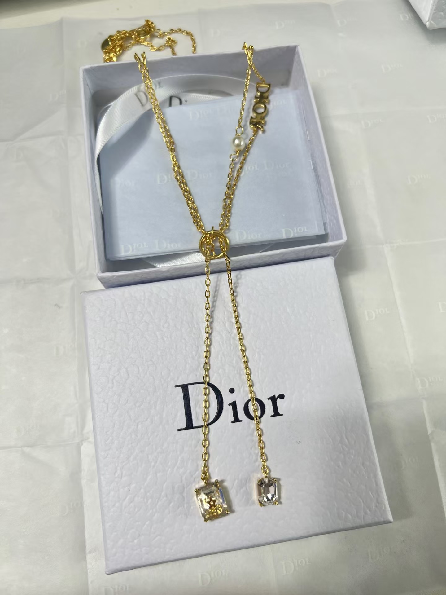 Dior Two Layered Two String Diamond Pendant Drop Y Necklace - Best Replica Jewelry™