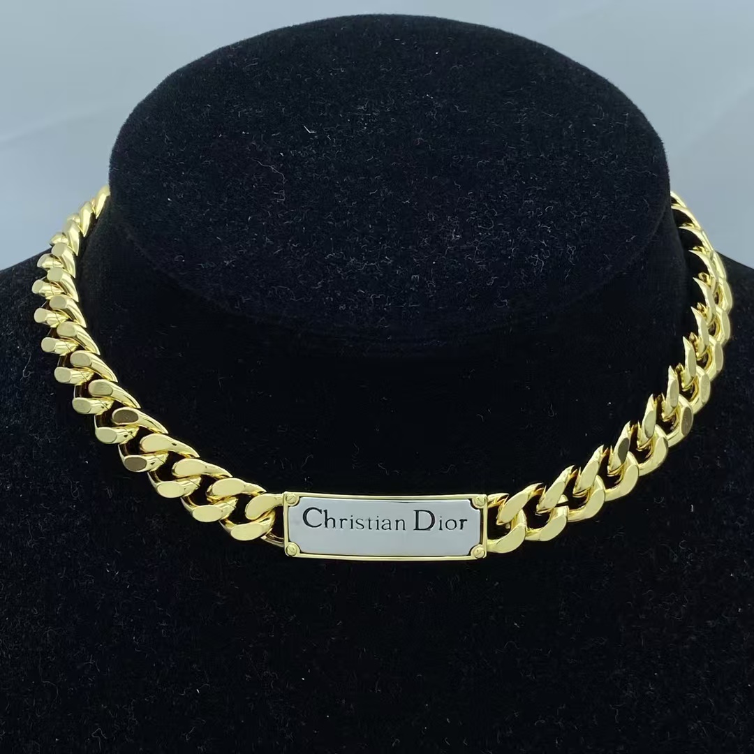 Dior Christian Dior Plate Gold-Finish Chunky Cuban Chain Choker Necklace - Best Replica Jewelry™