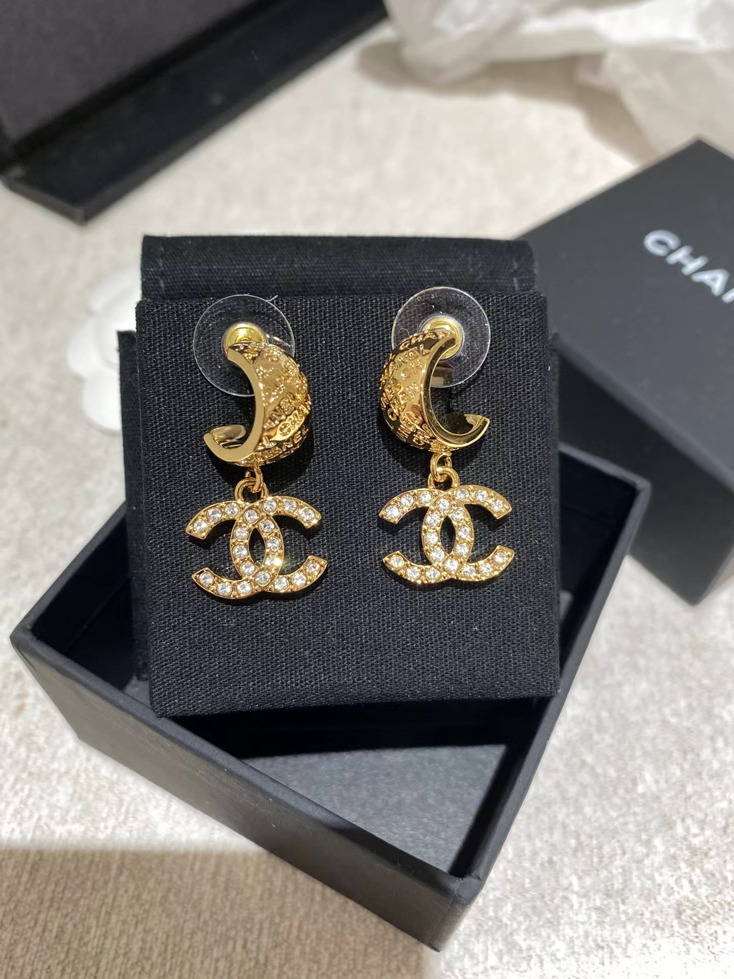 Chanel Gold Color Double C Dangle Earrings - Best Replica Jewelry™
