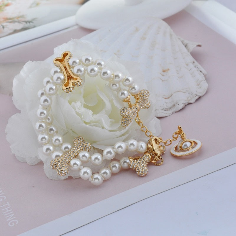 Vivienne Westwood 2 Row Pearl Mixing Bone Bracelet - Best Replica Jewelry™