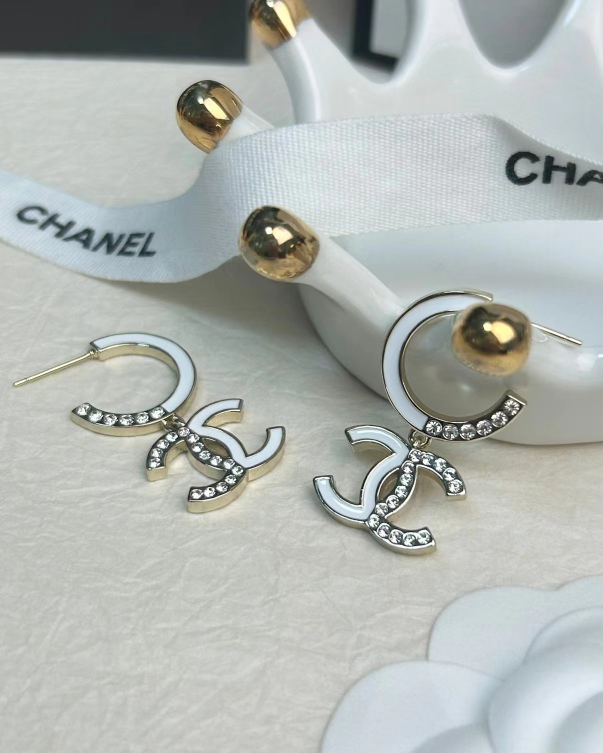 Chanel Half Enamel Half Diamond Double C Earrings - Best Replica Jewelry™