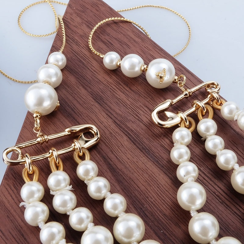 Vivienne Westwood Half Chain Half 3 Row Pearl Necklace - Best Replica Jewelry™