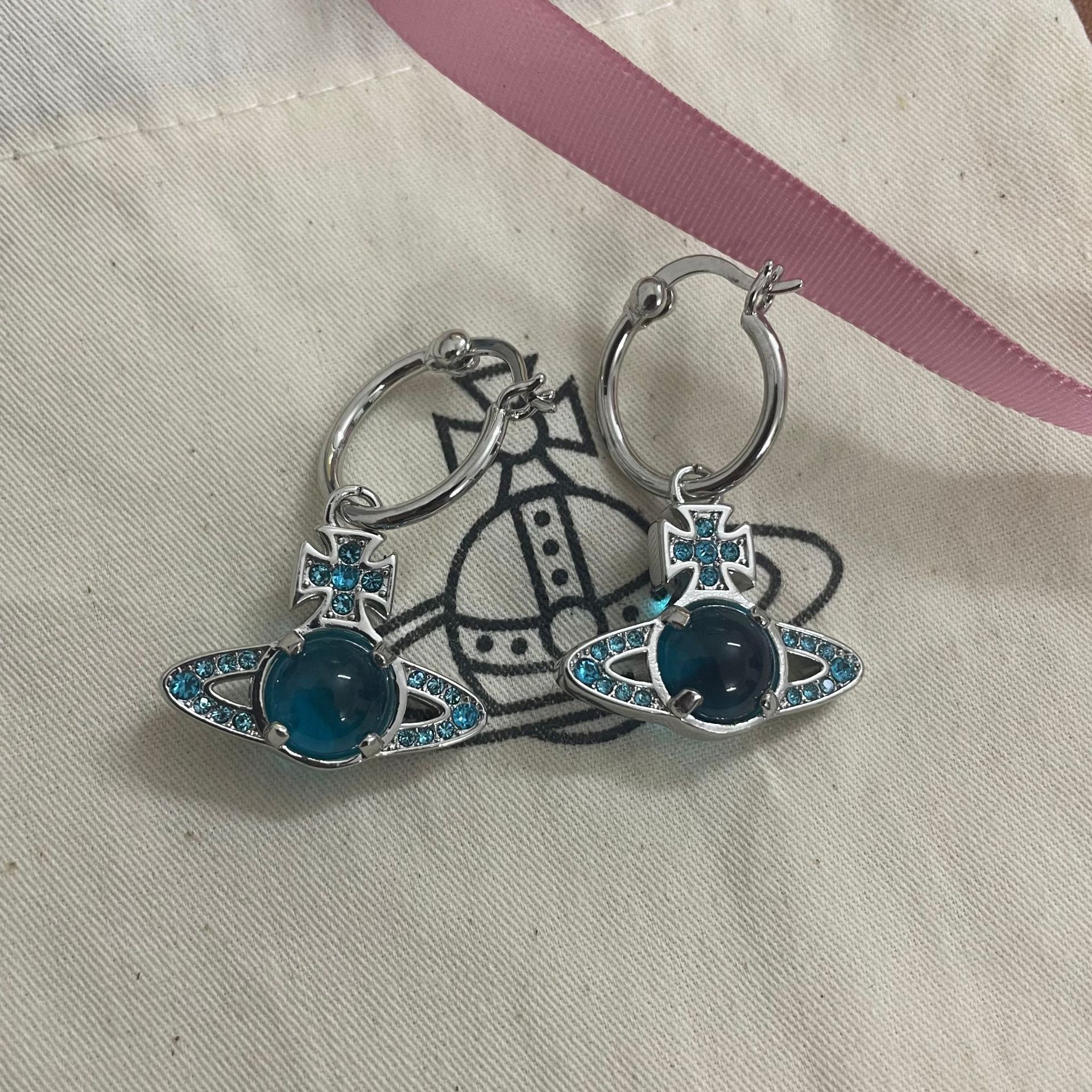 Vivienne Westwood Blue Green Lucky Bead Saturn Earrings - Best Replica Jewelry™