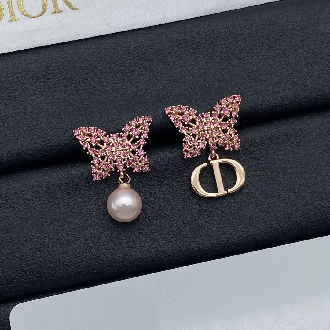 Dior Asymmetric Rose Gold-Finish Pink Butterfly Earrings - Best Replica Jewelry™