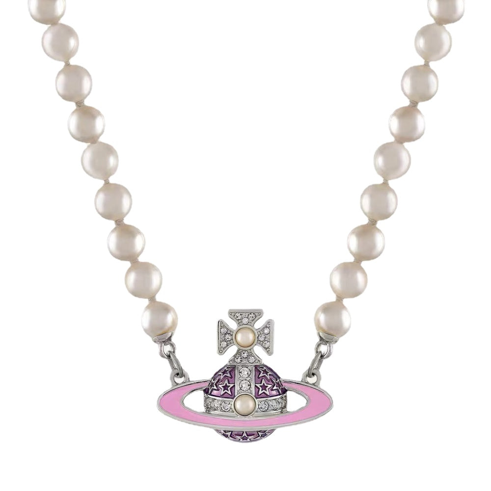 Vivienne Westwood Pink Flat Saturn Pendant Pearl Necklace - Best Replica Jewelry™