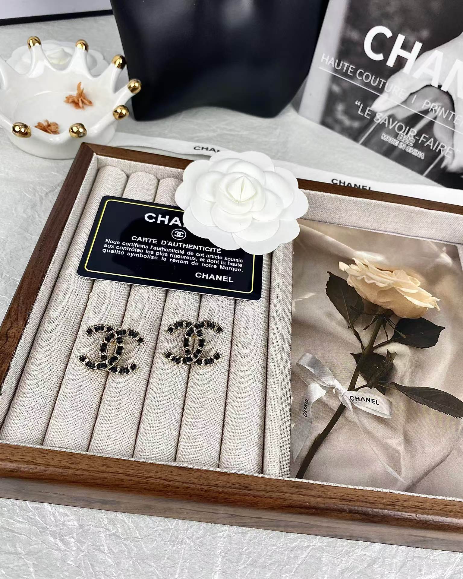 Chanel Light Gold & Black Leather Double C Earrings - Best Replica Jewelry™