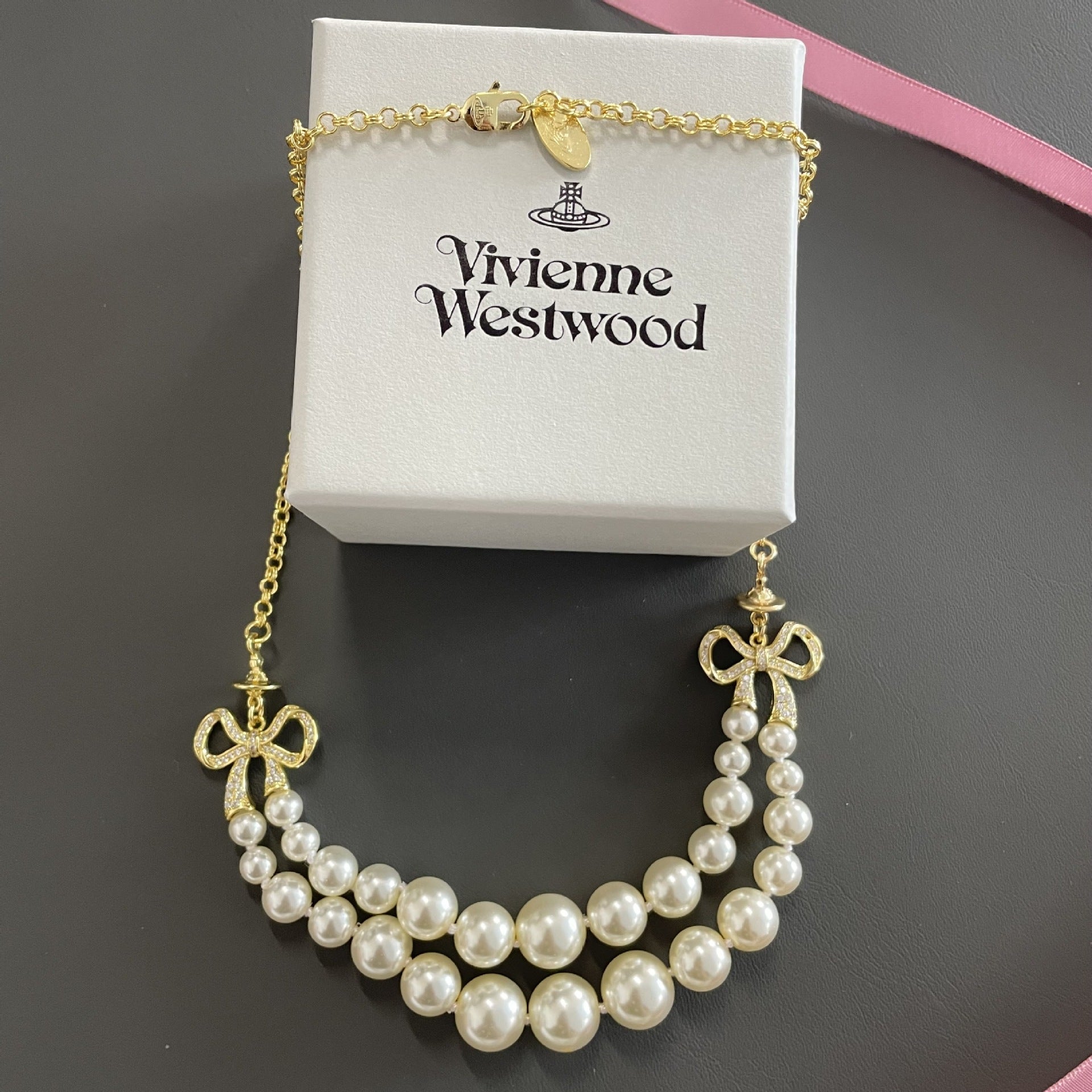 Vivienne Westwood Bow Knot 2 Row Pearl Necklace - Best Replica Jewelry™