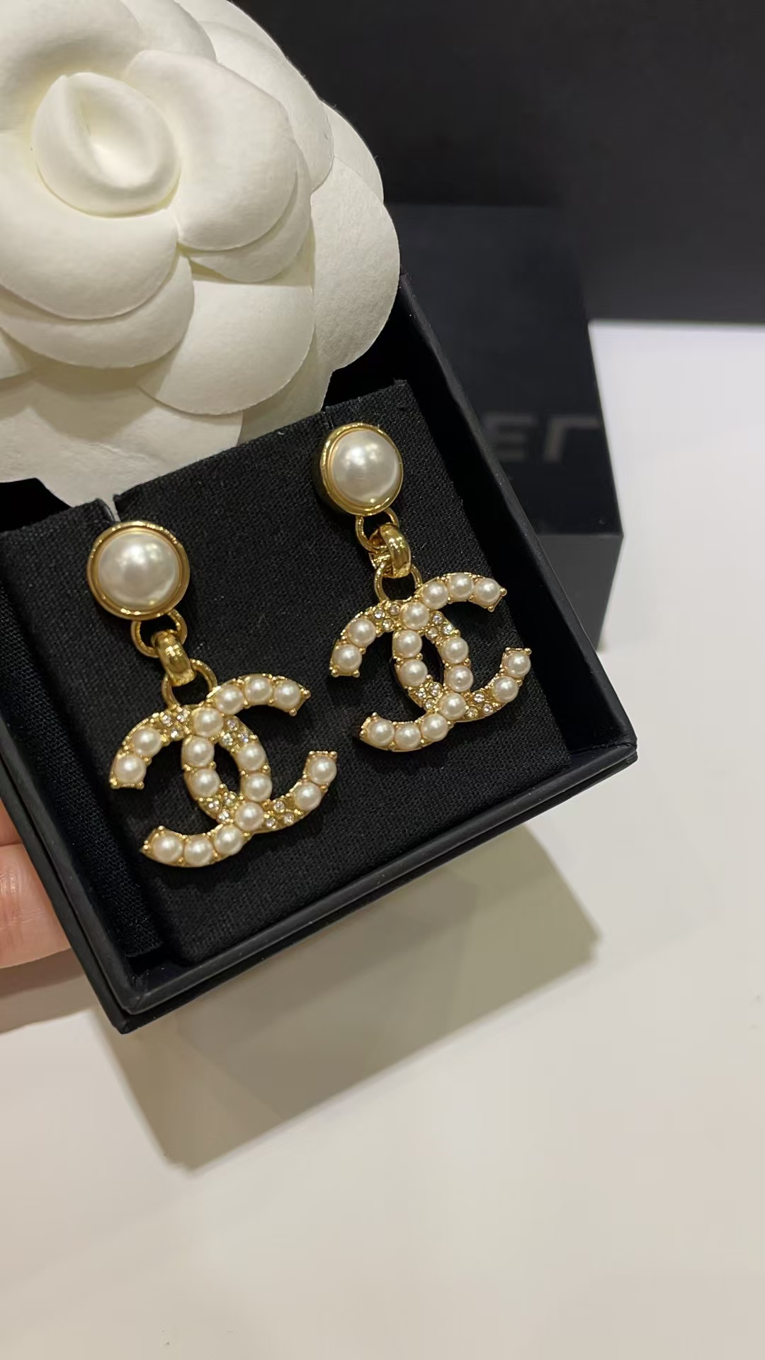 Chanel Pearl Paved Double C Earrings - Best Replica Jewelry™