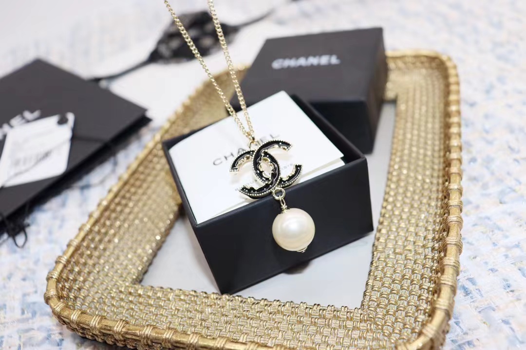 Chanel Black Double C Pearl Drop Pendant Necklace - Best Replica Jewelry™