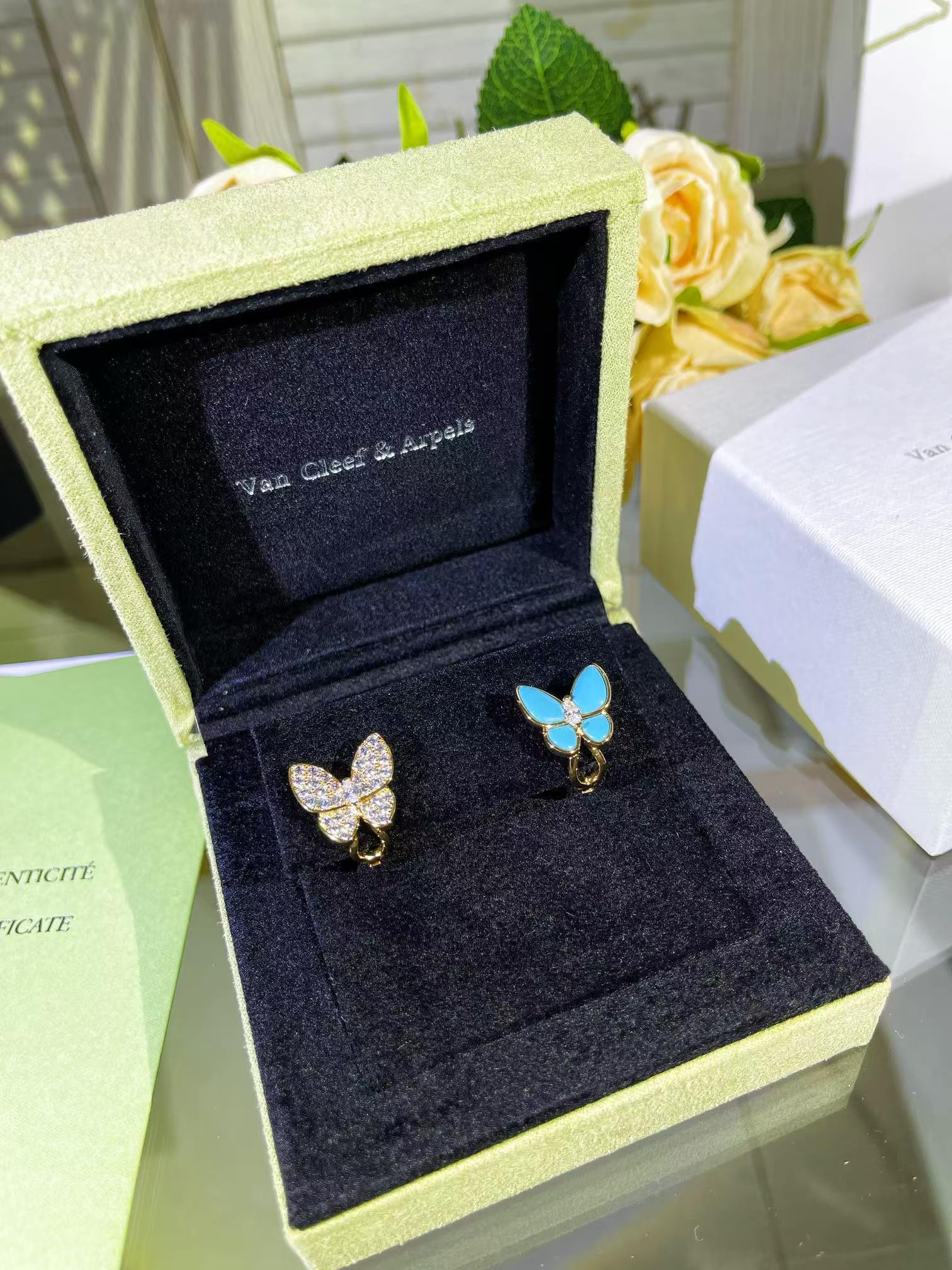 VCA Blue & Diamond Two Butterfly Earrings - Best Replica Jewelry™