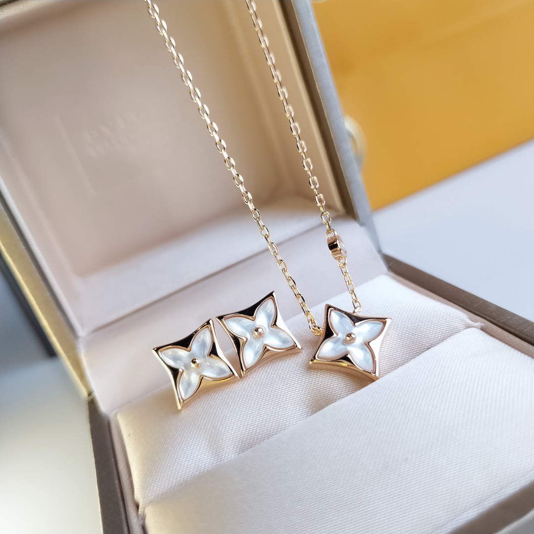 Louis Vuitton Rose Gold White Mother of Pearl Blossom Earrings Necklace - Best Replica Jewelry™