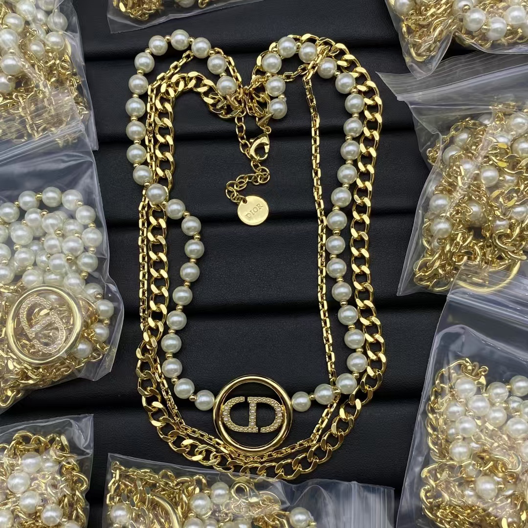 Dior Three Layer Pearl and Cuban Chain Stacked Necklace - Best Replica Jewelry™