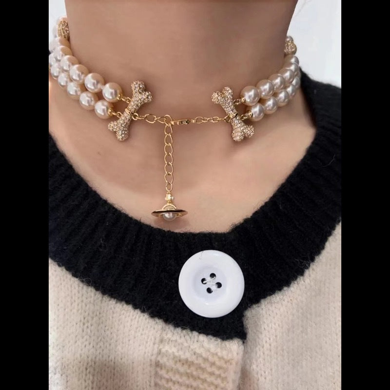 Vivienne Westwood 2 Row Bone Inlay Diamond Mixing Pearl Necklace - Best Replica Jewelry™