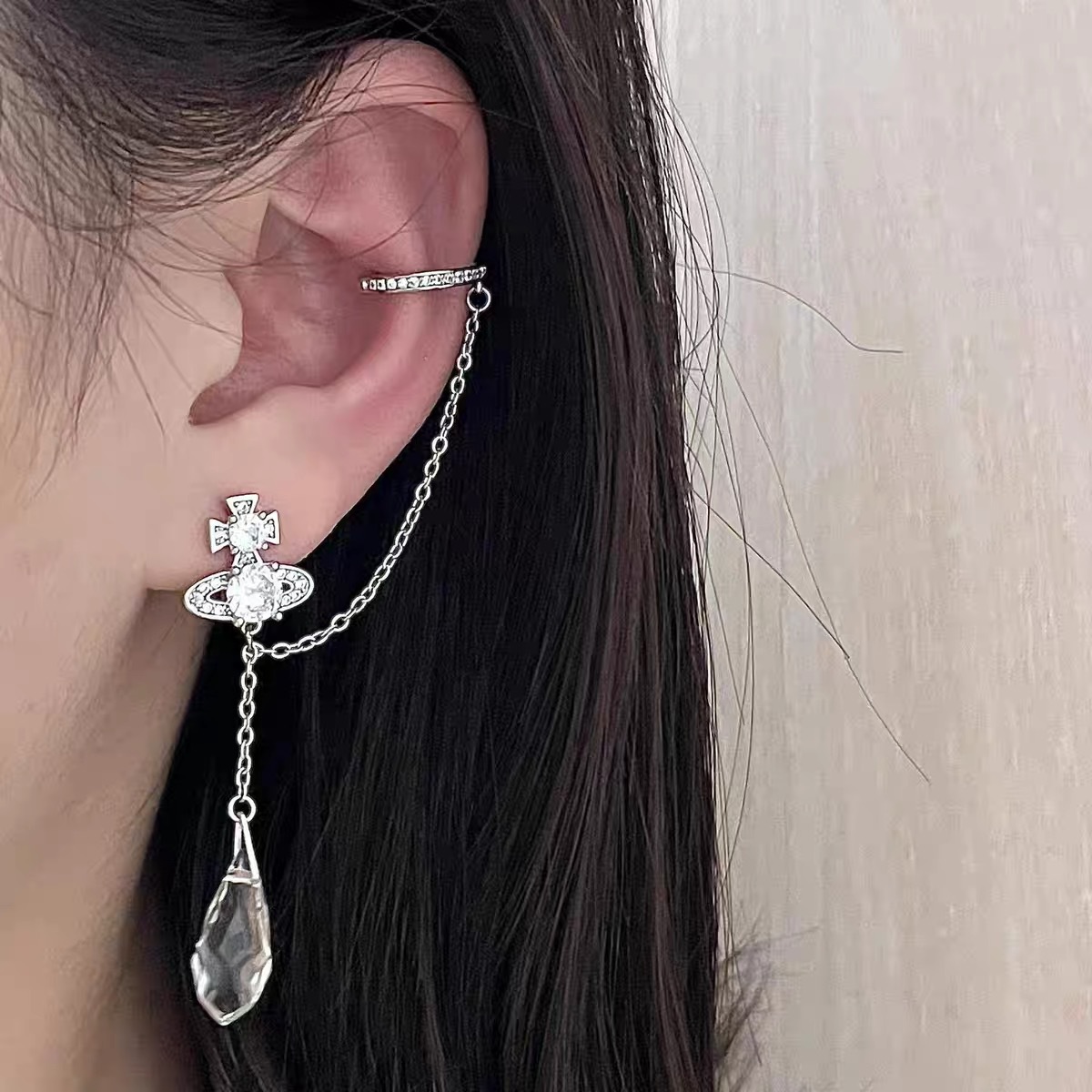 Vivienne Westwood Climber Ear cuff Saturn Waterdrop Crystal Earrings - Best Replica Jewelry™