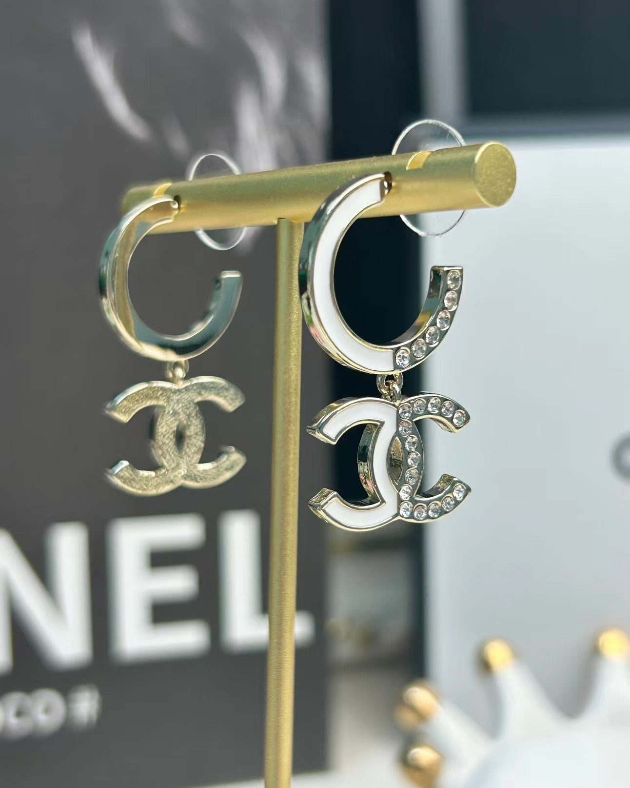 Chanel Half Enamel Half Diamond Double C Earrings - Best Replica Jewelry™