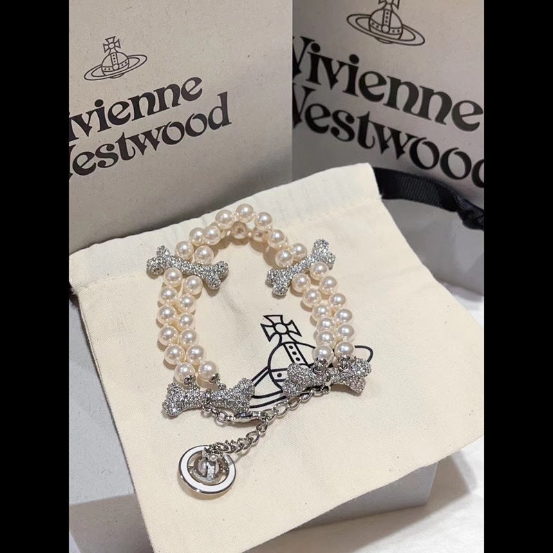 Vivienne Westwood 2 Row Pearl Mixing Bone Bracelet - Best Replica Jewelry™