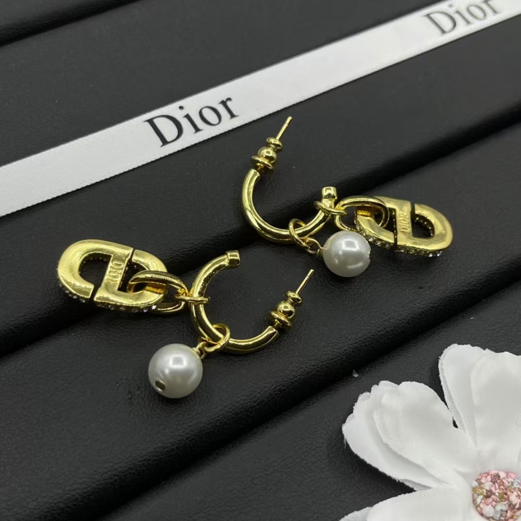 Dior Hoop with Pearl and CD Dangle Earrings - Best Replica Jewelry™