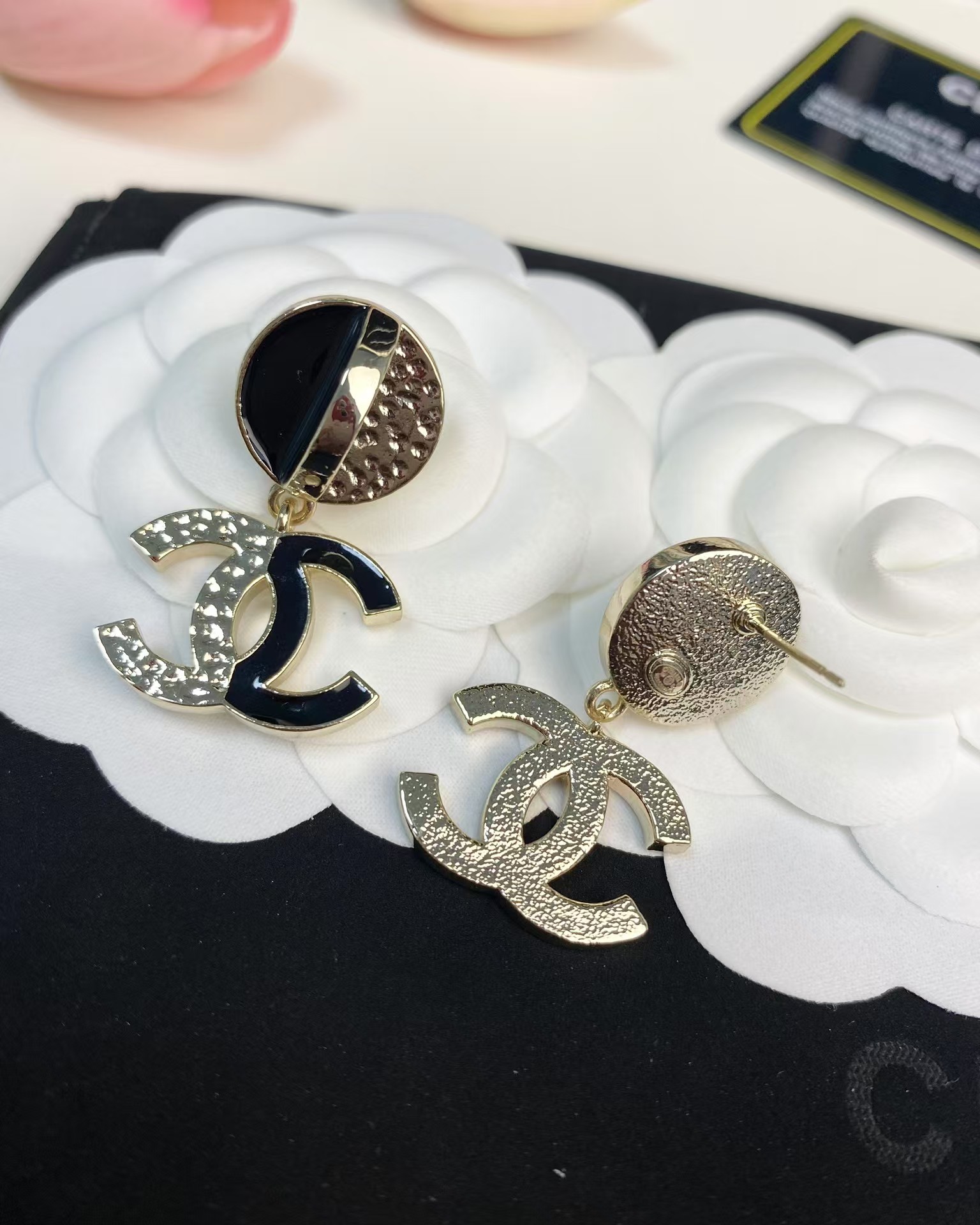Chanel Half Black Enamel Double C Dangle Earrings - Best Replica Jewelry™
