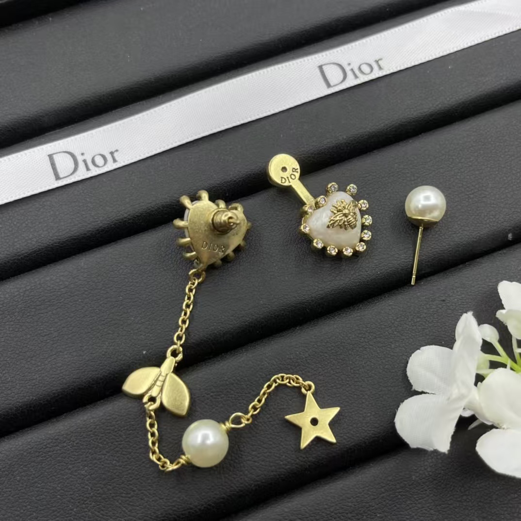Dior Asymmetric Bee Heart Stud Long Drop Star Earrings - Best Replica Jewelry™