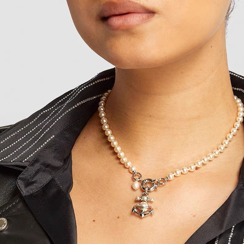 Vivienne Westwood Anchor Saturn Pendant Pearl Necklace - Best Replica Jewelry™