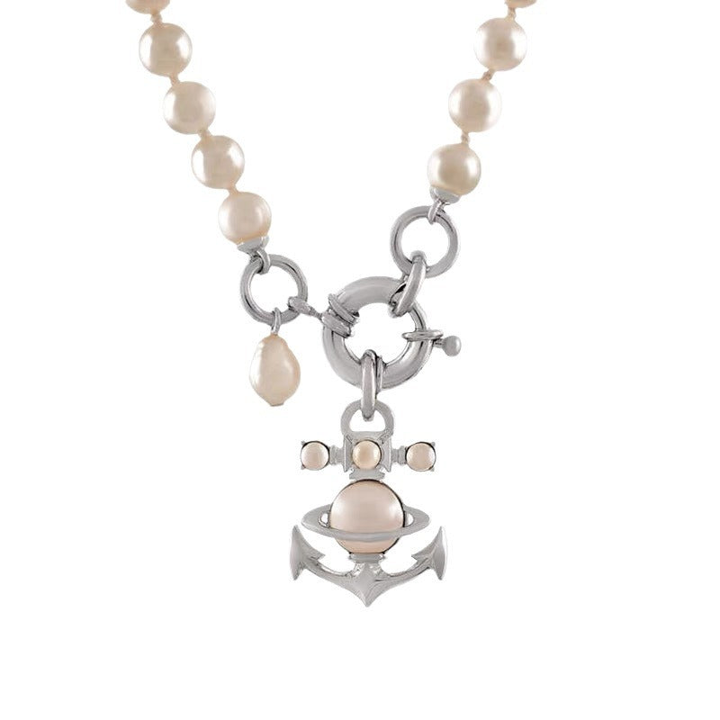 Vivienne Westwood Anchor Saturn Pendant Pearl Necklace - Best Replica Jewelry™