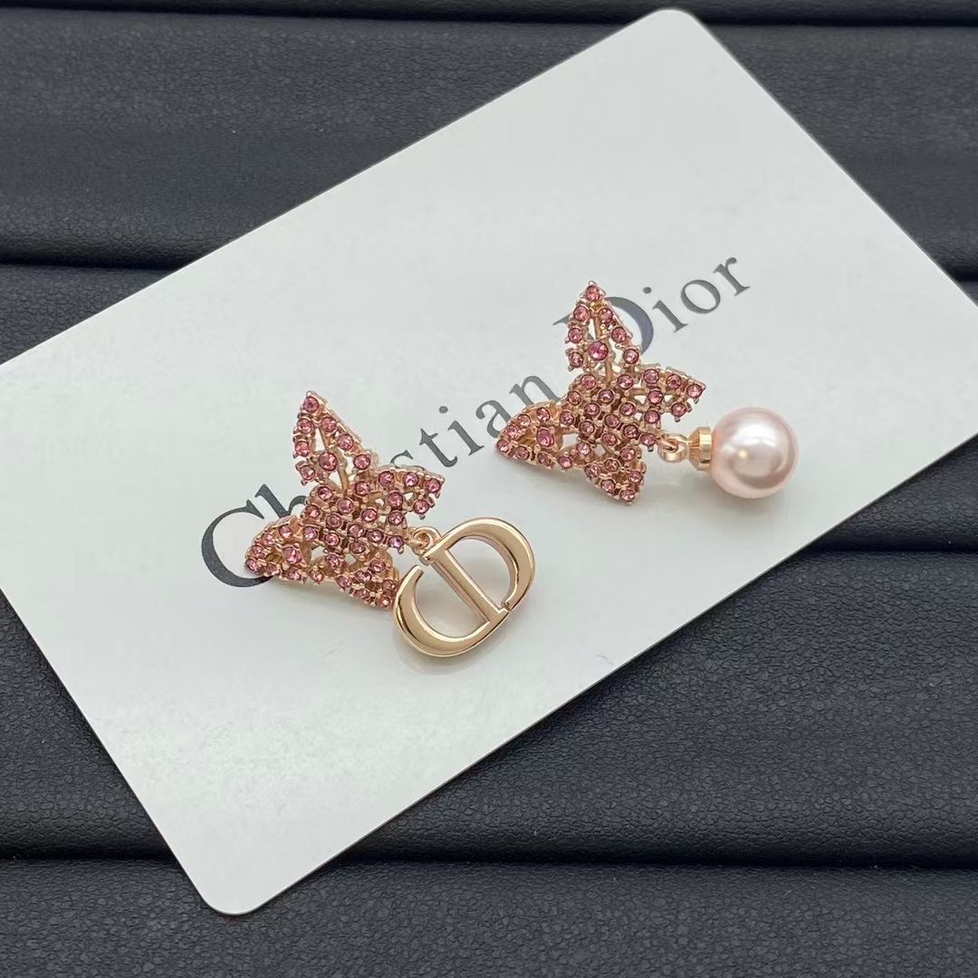 Dior Asymmetric Rose Gold-Finish Pink Butterfly Earrings - Best Replica Jewelry™