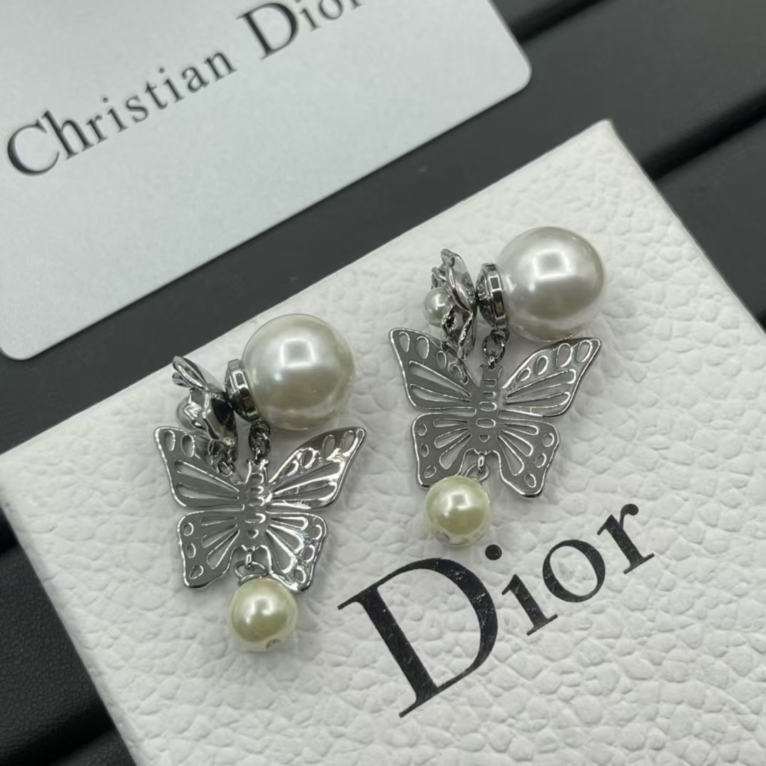 Dior Silver Butterfly Pearl Earrings - Best Replica Jewelry™