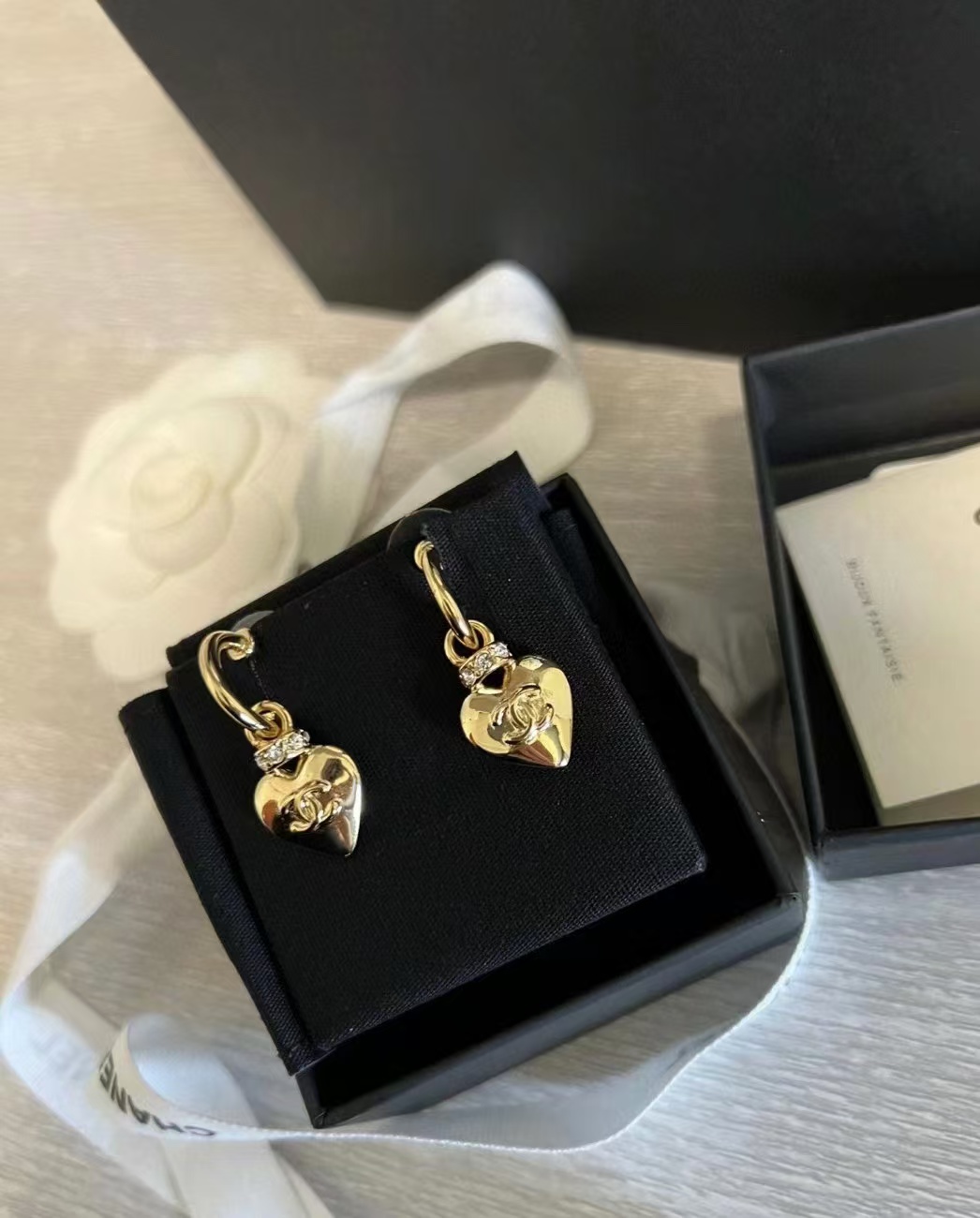Chanel Gold Hoop with Heart Dangle Earrings - Best Replica Jewelry™