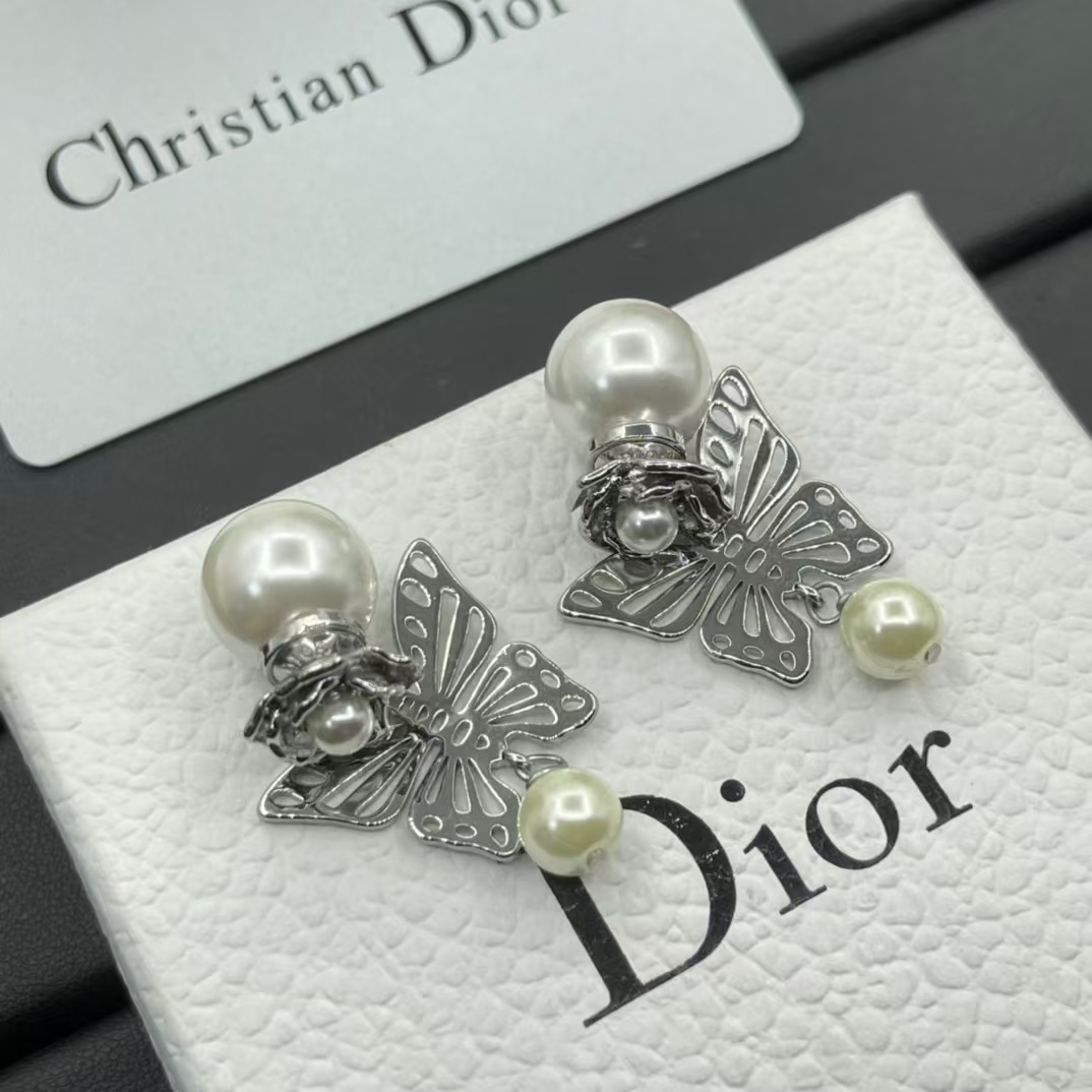 Dior Silver Butterfly Pearl Earrings - Best Replica Jewelry™