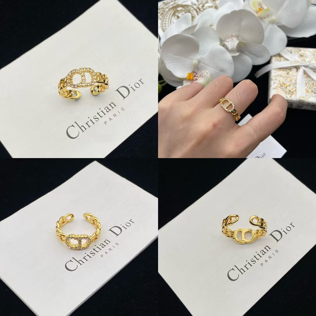 Dior Diamond Paved CD Chain Band Open Ring - Best Replica Jewelry™